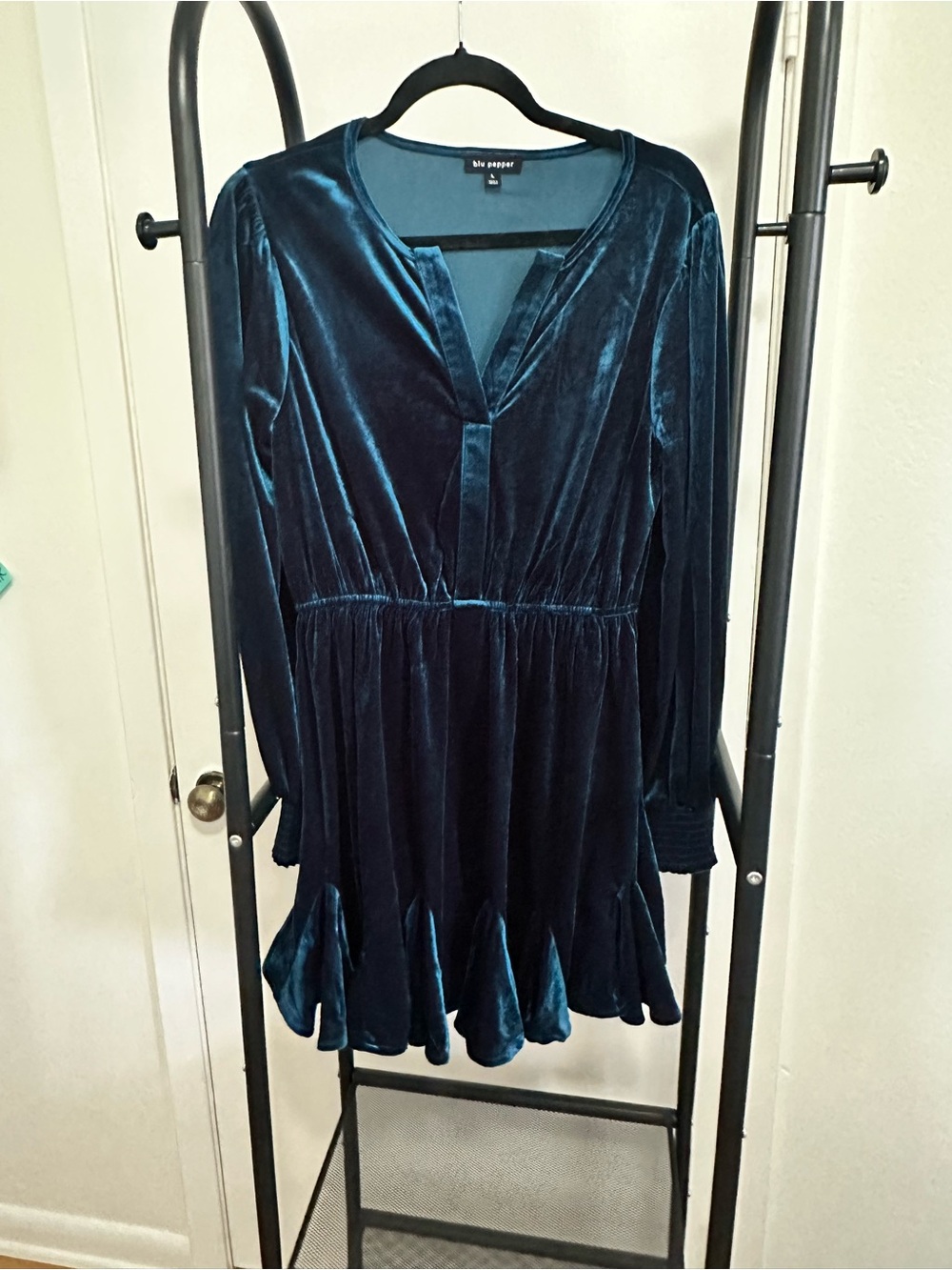 Blu Pepper Blue Velvet Long Sleeve Dress Large